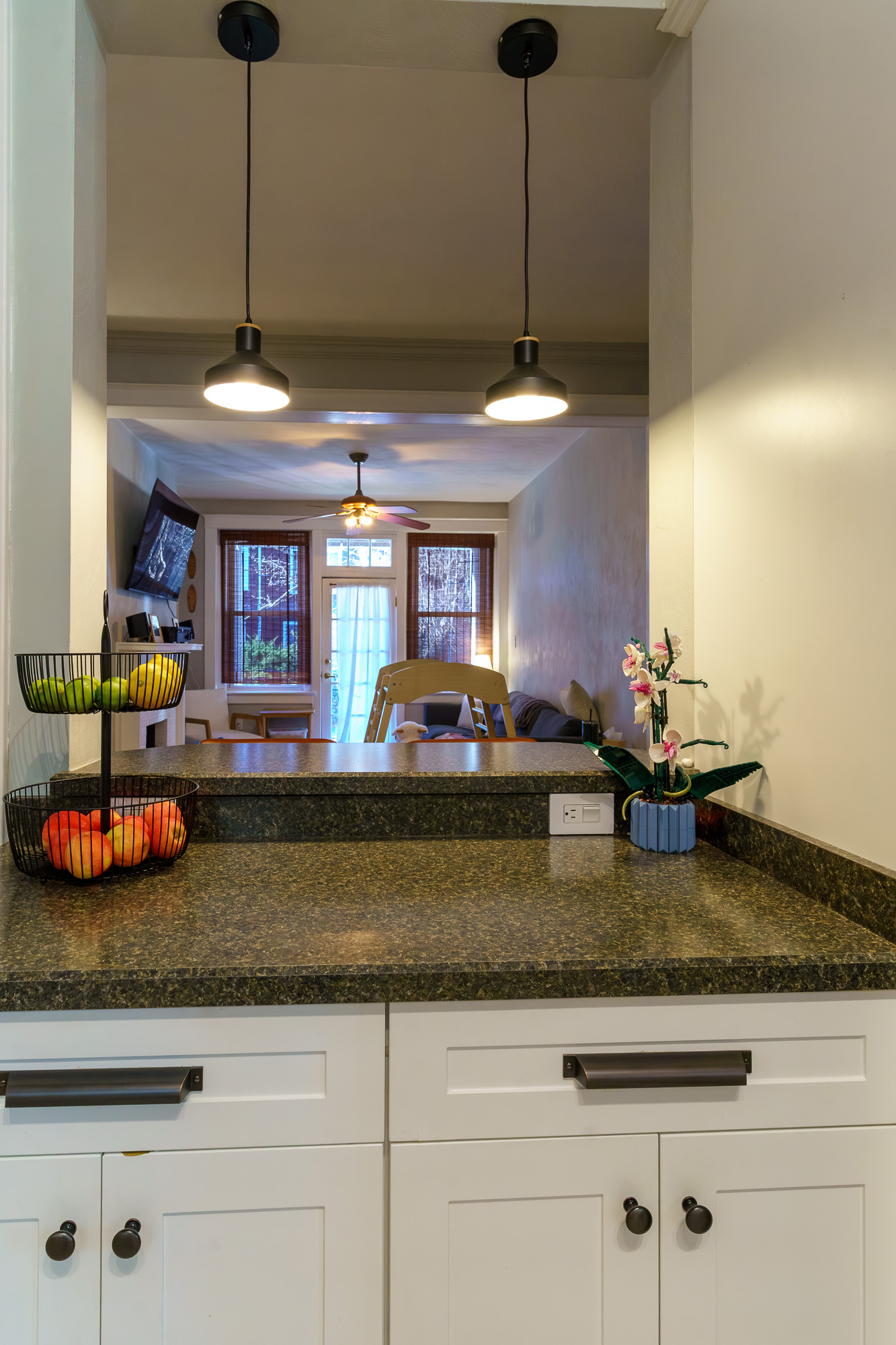 Pass-through counter between kitchen and living area